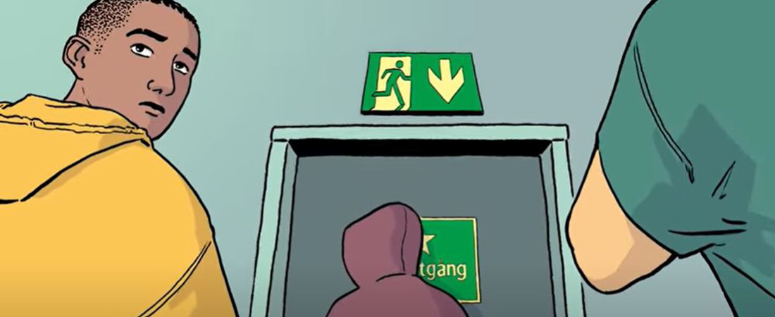 Illustration av personer som tar sig mot en nödutgång.