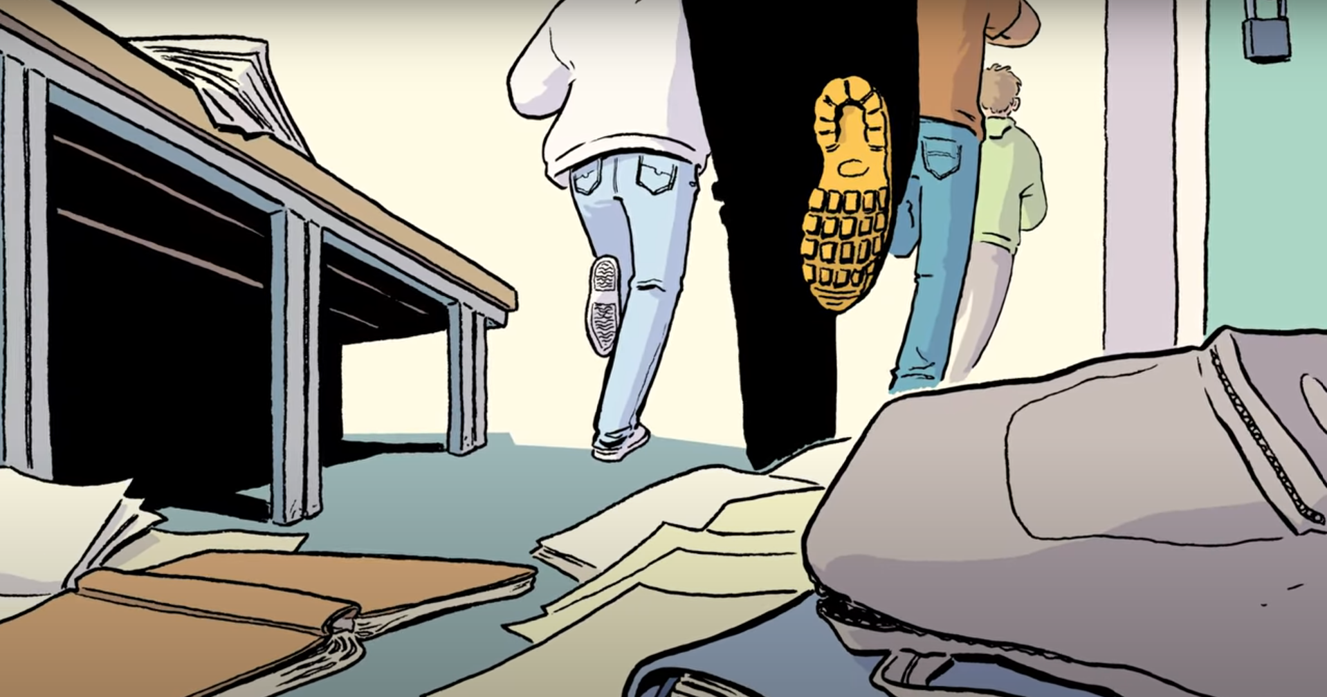 Illustration av personer från springer från ett klassrum. 